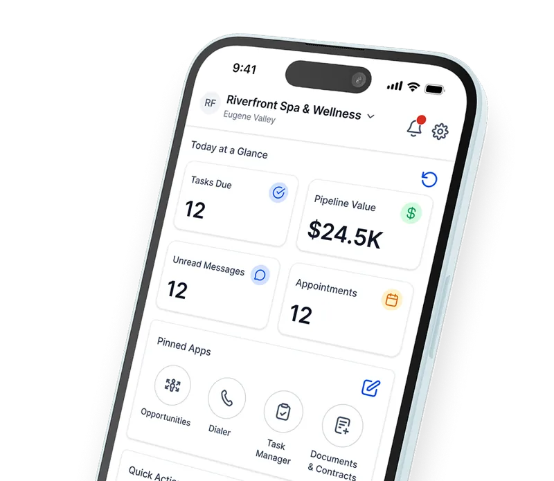 App móvil de GoHighLevel con tareas, valor del embudo, mensajes y citas del día
