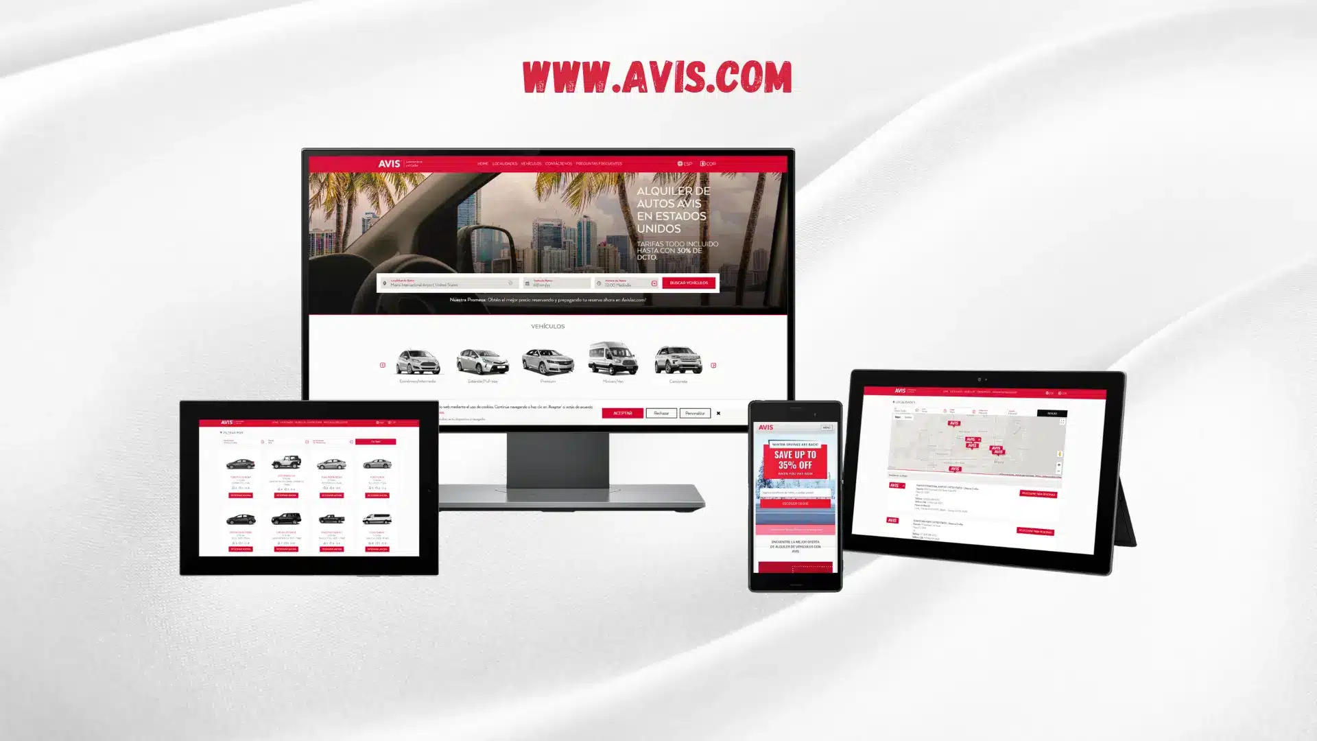 Diseño web de Avis, servicio de alquiler de autos, en dispositivos múltiples - Tumarcaviral.com agencia de marketing digital